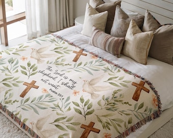 Bible Verse Woven Blanket, Christian Throw With Psalm 23:1, Sympathy Gift, Religious Tapestry For Mom, Faith-Based Housewarming Blanket