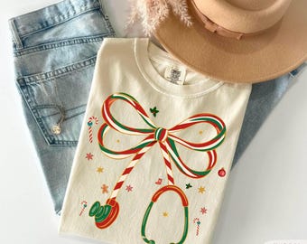 Comfort Colors® Nurse Christmas Shirt, Cute Holiday RN Tee With Candy Cane Stethoscope, Gingerbread Medical Staff Gift, Festive Nurse Top