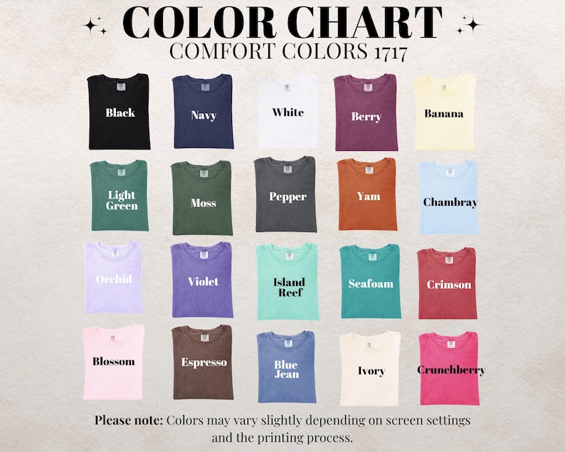 Puede incluir: Carta de colores de camisetas Comfort Colors 1717 en varios colores, incluyendo negro, azul marino, blanco, baya, pl&aacute;tano, verde claro, musgo, pimienta, &ntilde;ame, chambray, orqu&iacute;dea, violeta, arrecife de la isla, espuma de mar, carmes&iacute;, flor, espresso, vaquero azul, marfil y crunchberry.