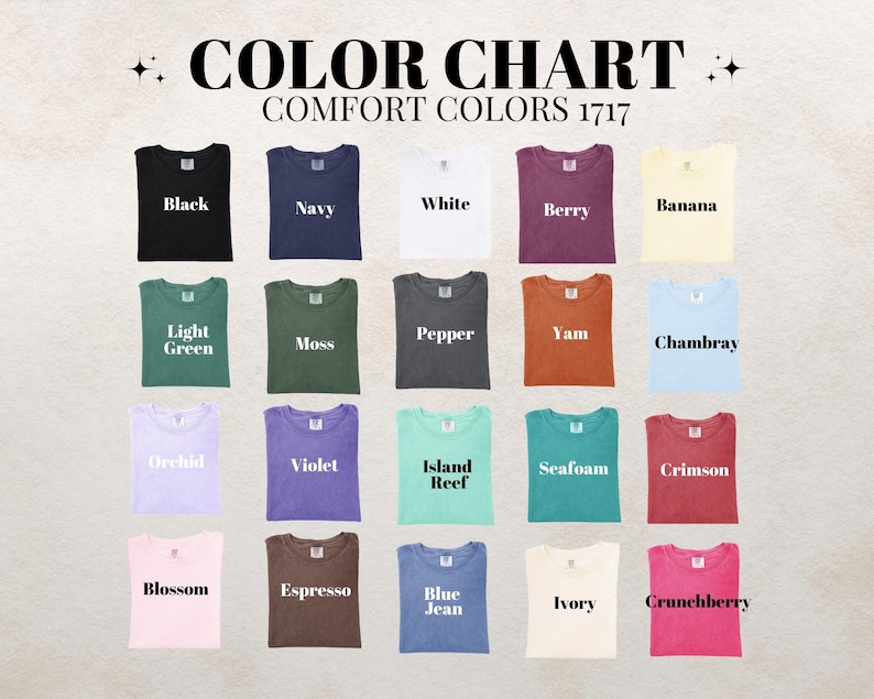 May include: Color chart of Comfort Colors 1717 t-shirts. The chart displays a variety of colors, including black, navy, white, berry, banana, light green, moss, pepper, yam, chambray, orchid, violet, island reef, seafoam, crimson, blossom, espresso, blue jean, ivory, and crunchberry.