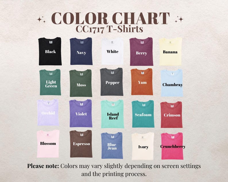 May include: Color chart for CC1717 T-shirts, showcasing a variety of colors including black, navy, white, berry, and banana. Other colors include light green, moss, pepper, yam, and chambray. The chart also features orchid, violet, island reef, seafoam, crimson, blossom, espresso, blue jean, ivory, and crunchberry.