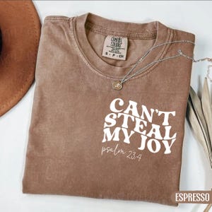 May include: Espresso-colored t-shirt with the text "CAN'T STEAL MY JOY" and "psalm 23:4" in white. The shirt has a crew neck and short sleeves. A silver necklace with a pendant is draped across the shirt.