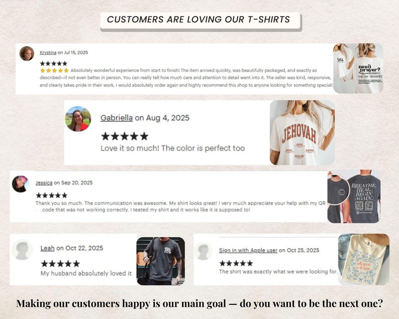 Op de afbeelding: Afbeelding met klantbeoordelingen voor t-shirts. Beoordelingen bevatten sterrenbeoordelingen en opmerkingen zoals "Love it so much! The color is perfect too" en "Mijn man vond het absoluut geweldig".