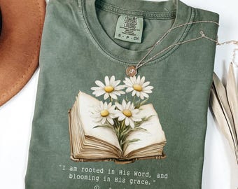 Comfort Colors® Christian Shirt Psalm 1:2 Bible Verse Tee Rooted In His Word Floral Faith Shirt Religious Gift For Women, Christian apparel