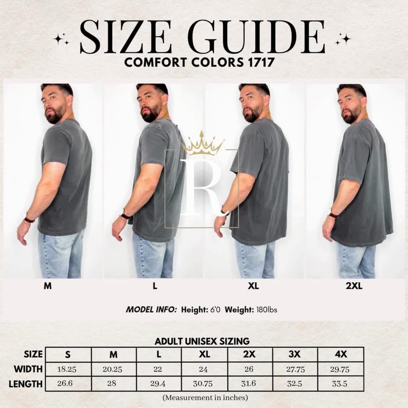 Op de afbeelding: Maattabel voor Comfort Colors 1717 t-shirts. De afbeelding toont een model dat het shirt in verschillende maten draagt, van M tot 2XL. De maattabel geeft breedte- en lengtematen in inches voor maten S t/m 4XL. Model info: Lengte 183cm, Gewicht 82kg.