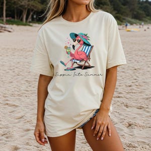 Comfort Color Sippin Into Summer Shirt, Funny Flamingo Beach TShirt, Summer Day Shirt, Funny Vacation Shirt for Women, Beach T-Shirt