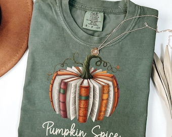 Comfort Colors® Fall Book Pumpkin Shirt, Cozy Season Tee For Women, Autumn Latte Shirt, Book Lover Gift, Cute Pumpkin Graphic Tee