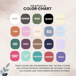 May include: A color chart with 18 color swatches, each labeled with a color name. Colors include white, pepper, moss, black, banana, yam, blossom, ivory, blue jean, and chambray. Text at the top reads "GRAPHICS COLOR CHART".