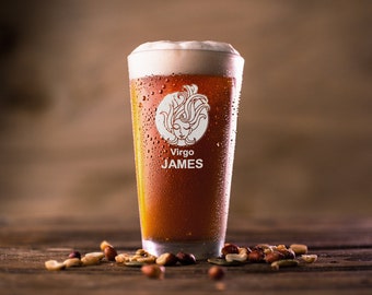 Virgo Zodiac Beer Glass: Laser Etched, Personalized Gift