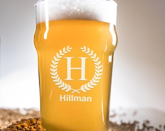 Monogrammed Nucleated Beer Glass: Custom Etched 16oz Glass