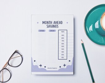 Op de afbeelding: Een wit notitieboekje met de tekst "MONTH AHEAD SAVINGS" en een lijst met percentages van 10% tot 100%. Het notitieboekje ligt op een wit oppervlak met een groen potlood, een kop koffie en een bril.