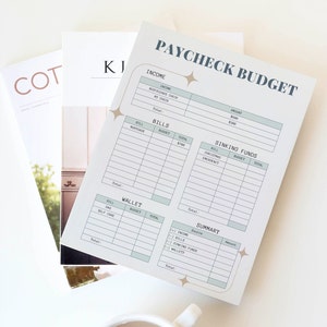 Op de afbeelding: Een printbaar budgetwerkblad met secties voor inkomsten, rekeningen, spaargelden en een samenvatting. Het werkblad is ontworpen om mensen te helpen hun financi&euml;n bij te houden en een budget te maken.