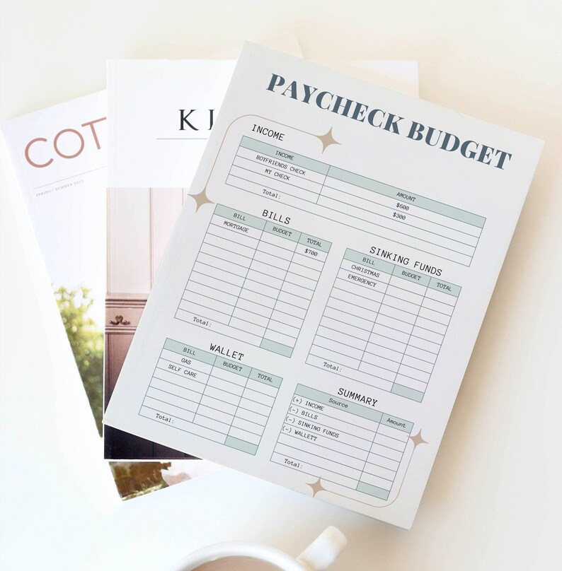 Op de afbeelding: Een printbaar budgetwerkblad met secties voor inkomsten, rekeningen, spaargelden en een samenvatting. Het werkblad is ontworpen om mensen te helpen hun financi&euml;n bij te houden en een budget te maken.
