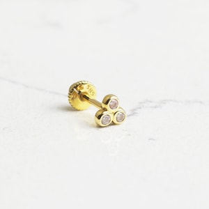 14K Solid Gold Bezel Trio Helix Piercing • Dainty Round Cut Trio Helix Piercing • Tiny Everyday Earring • 18G Gold Screw Back Stud Earring