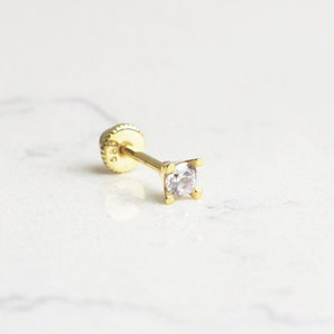 14K Solid Gold Solitaire Helix Piercing •18G Cartilage Screw Back Helix • Dainty Cartilage Earring • Helix Piercing Jewelry • Gift For Her