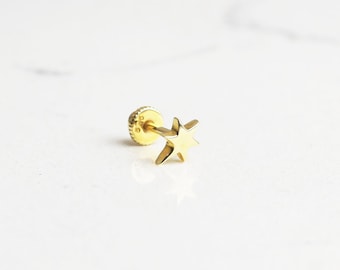 14K Solid Gold North Star Helix Piercing - 18G Cartilage Stud