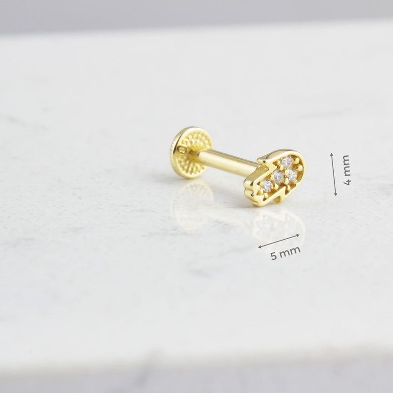 Solid 14K Yellow Gold Hamsa Stud Earrings, 7mm x 6mm Dainty Fatima Hand with Blue Glass Stone, Evil Eye Protection