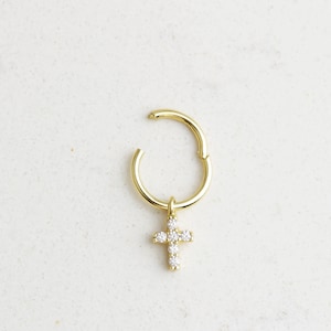 14K massief gouden kruisscharnieroorbel • Gekruiste kraakbeenoorbel • Dangle Cross Hoop Helix • Minimalistische kruispiercing • Religieuze sieraden