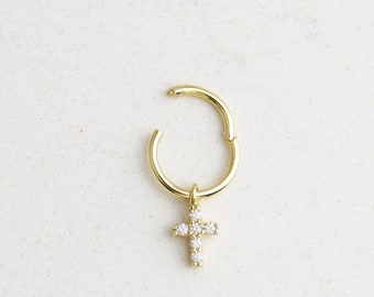 14K Solid Gold Cross Hinge Hoop Earring • Cross Cartilage Earring • Dangle Cross Hoop Helix • Minimalist Cross Piercing • Religious Jewelry