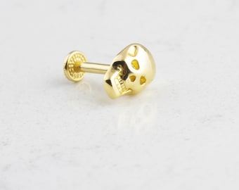 14K Solid Gold Skull Piercing: 16G Tragus Stud Earring
