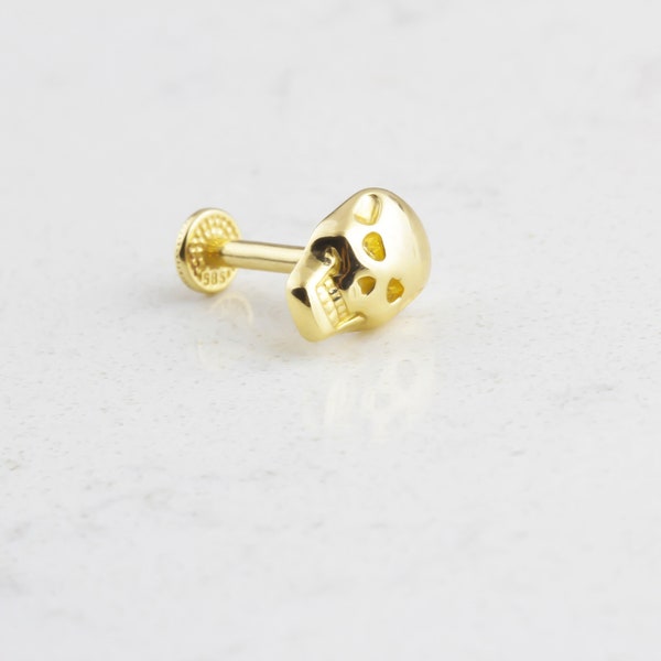 14K Solid Gold Skull Piercing • 16G Minimalist Tragus Piercing • Demonic Skull Stud Earring • Stud Ear Piercing •Gold Skull Skeleton Earring