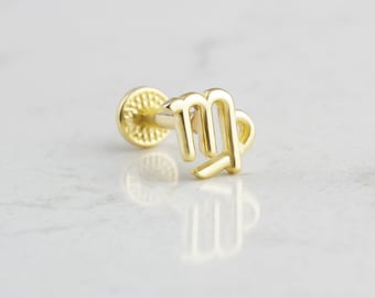 14k Solid Gold Zodiac Piercing • Horoscope Tragus Piercing • Minimalist Astrology Earring • 16G Zodiac Piercing • Solid Gold Zodiac Jewelry