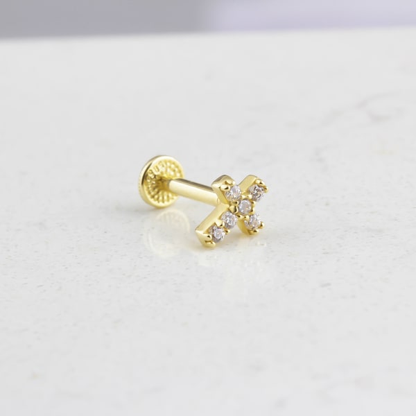 14K Solid Gold Cross Tragus Piercing: 16G Cartilage Earring