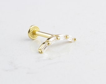 14K Gold Baguette Tragus Piercing: Dainty Cartilage Stud (16G)