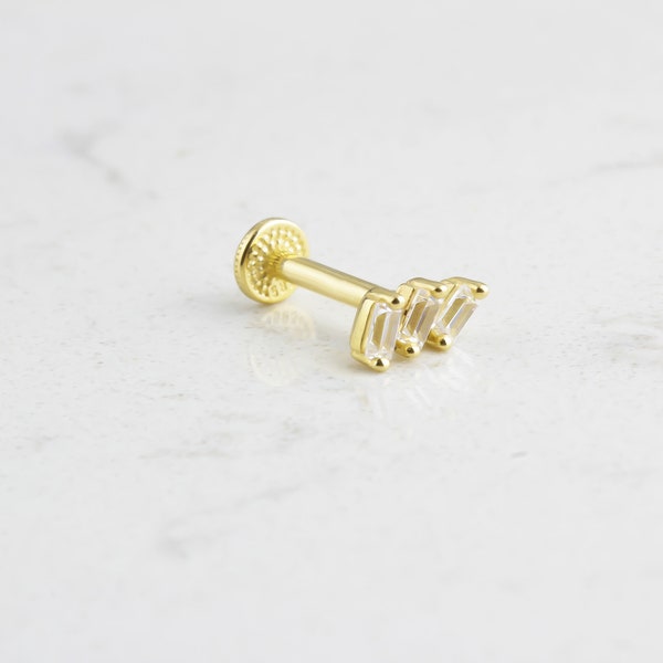 14K Solid Gold Baguette Tragus Piercing • Three Baguette Cut Piercing • 16G Minimalist Cartilage Earring •Baguette Cut Climber Stud Earring