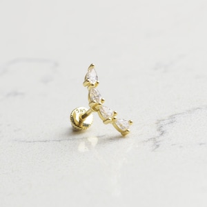 14K Solid Gold Curved Baguette Helix Piercing • 18G Baguette Cartilage Piercing • Inner Conch Piercing • Gold Marquise Helix Piercing