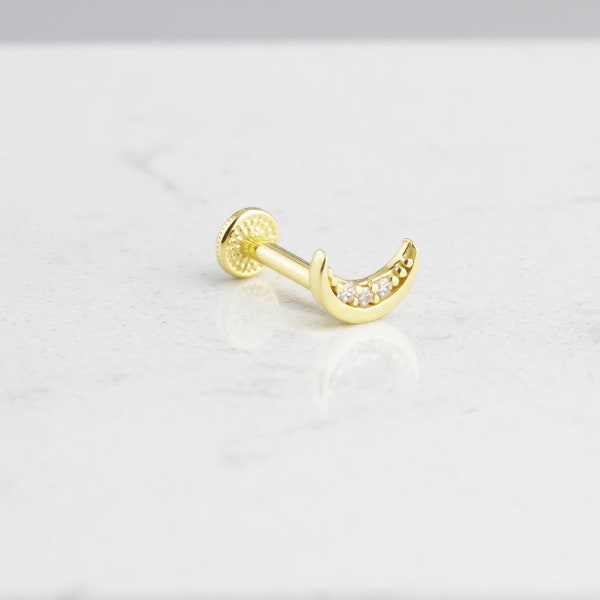 14k Solid Gold Crescent Moon Tragus Piercing • Moon Stud Earring • Minimalist Tragus Piercing • 16G Gold Moon Stud • Dainty Tragus Earring