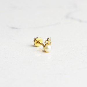 14K Solid Gold Triangle Helix Piercing • Minimalist Trio Stone Helix Piercing • 18G Gold Minimalist Pearl Ball Earring •Dainty Pearl Earring
