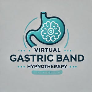 May include: A teal and white illustration of a stomach with a brain-like design inside, surrounded by a blue circular line. The words "VIRTUAL GASTRIC BAND HYPNOTHERAPY" are displayed in a bold, dark blue font.