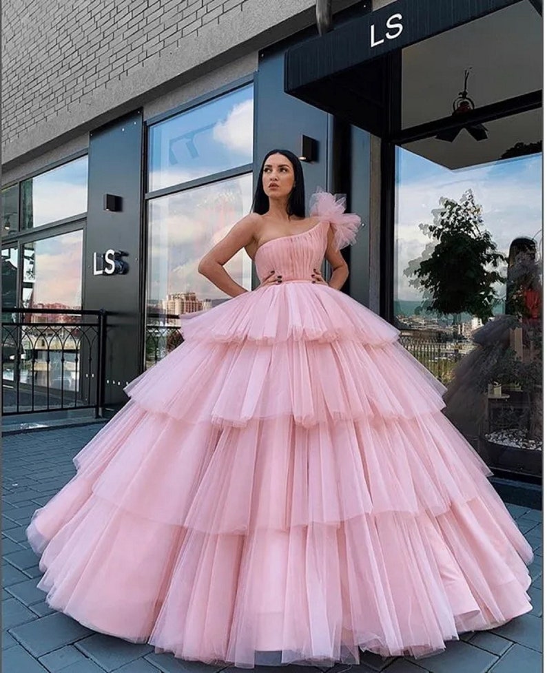 Dilan Baby Pink Layered Tulle Party Dress with Floral Neckline main image 0