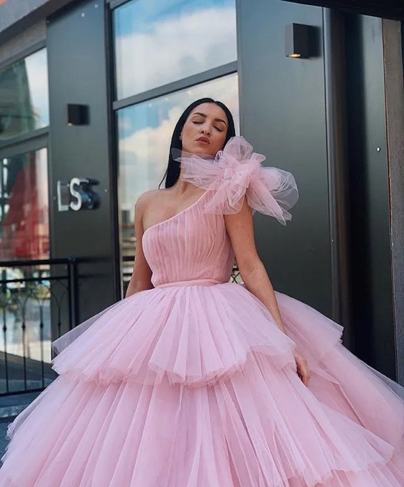 Pink Sweetheart Multilayer Prom Dress Strapless A-line Tulle Maxi Dress cc1051