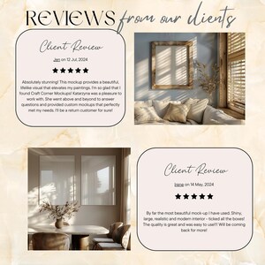 May include: Two customer reviews with five-star ratings for a mockup service. The reviews highlight the quality, realism, and ease of use of the mockups. The first review mentions the service's ability to provide custom mockups that meet specific needs. The second review emphasizes the mockups' modern interior design and shiny, large size.