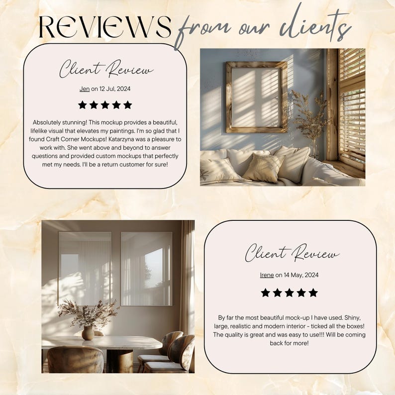 May include: Two customer reviews with five-star ratings for a mockup service. The reviews highlight the quality, realism, and ease of use of the mockups. The first review mentions the service's ability to provide custom mockups that meet specific needs. The second review emphasizes the mockups' modern interior design and shiny, large size.