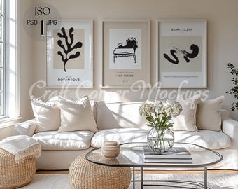 3 Frames Mockup Living Room, Set of 3 Frames Mockup Glass Reflection, Picture Frame Mockup Template,  Wall Art Mockup, DIN A 3 Gallery Wall