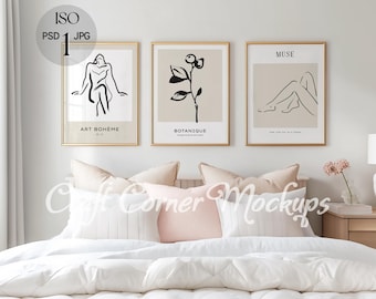 Gallery Set of 3 Frame Mockup, Bedroom Wall Art Mockup, Trio Frame Mockup, Bedroom Frame Mockup, Set of Three, Gallery Wall Mockup ISO Frame