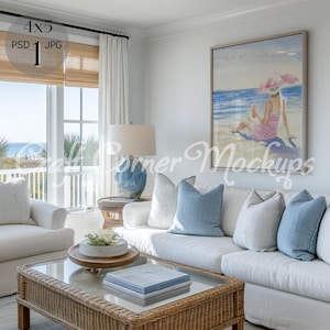 Beach House Frame Mockup, Coastal Frame Mockup, Beach Wall Art Frame Mockup,Vertical Frame Mockup Glass Reflection,Summer Frame Mockup,PSD
