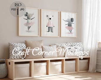3 Frames Mockup Kids Room, Neutral Frame Mockup Nursery, Set of 3 Frames Mockup 5:7, Thin Wood Frame Mockup, Three Frames Mockup DIN A, PSD