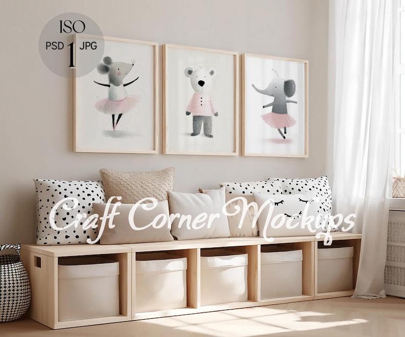 3 Frames Mockup Kids Room, Neutral Frame Mockup Nursery, Set of 3 Frames Mockup 5:7, Thin Wood Frame Mockup, Three Frames Mockup DIN A, PSD image 1