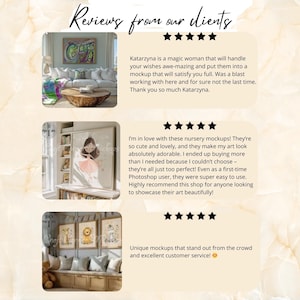 May include: Image showcasing customer reviews with text. The reviews highlight the quality of mockups, ease of use, and excellent customer service. The image includes examples of art mockups.