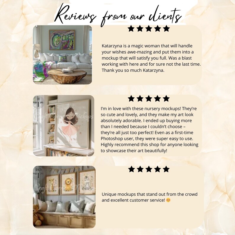 May include: Image showcasing customer reviews with text. The reviews highlight the quality of mockups, ease of use, and excellent customer service. The image includes examples of art mockups.