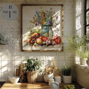May include: A watercolour painting of a still life featuring a glass jar filled with a bouquet of wildflowers, surrounded by vegetables, including tomatoes, carrots, and garlic. The painting is framed and hanging on a white brick wall in a kitchen setting.