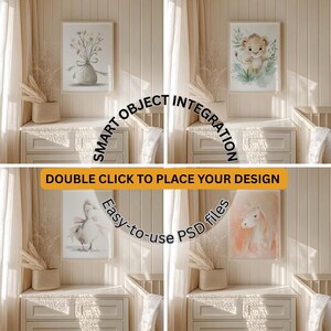 May include: Four framed art prints featuring watercolor illustrations of flowers, a lion cub, a swan, and a unicorn. The prints are displayed above a white dresser. The image includes the text "SMART OBJECT INTEGRATION" and "DOUBLE CLICK TO PLACE YOUR DESIGN".