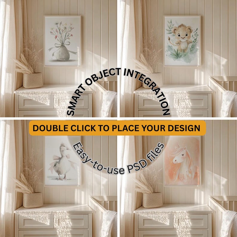 May include: Four framed art prints featuring watercolor illustrations of flowers, a lion cub, a swan, and a unicorn. The prints are displayed above a white dresser. The image includes the text "SMART OBJECT INTEGRATION" and "DOUBLE CLICK TO PLACE YOUR DESIGN".