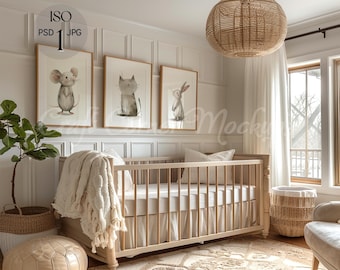 3 Frame Mockup Nursery, Neutral Frame Mockup Crib , Set of 3 Frames Nursery, Wood Frame Mockup Reflection, PSD Smart Object, Digital