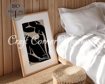 ISO Wooden Frame Mockup PSD, Poster Vertical Frame Mockup, Single Frame Mockup, Bedroom Frame Mockup, Photoshop Mockup for Art and Prints