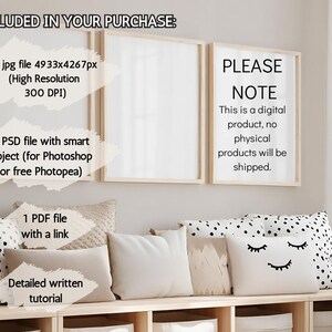 May include: Three empty rectangular frames with light wood borders mounted on a wall above a wooden bench with various decorative pillows. Text overlays detail digital file specifications, including 1 jpg file 4933x4267px, 1 PSD file, 1 PDF file with a link, and a tutorial. A note states this is a digital product.